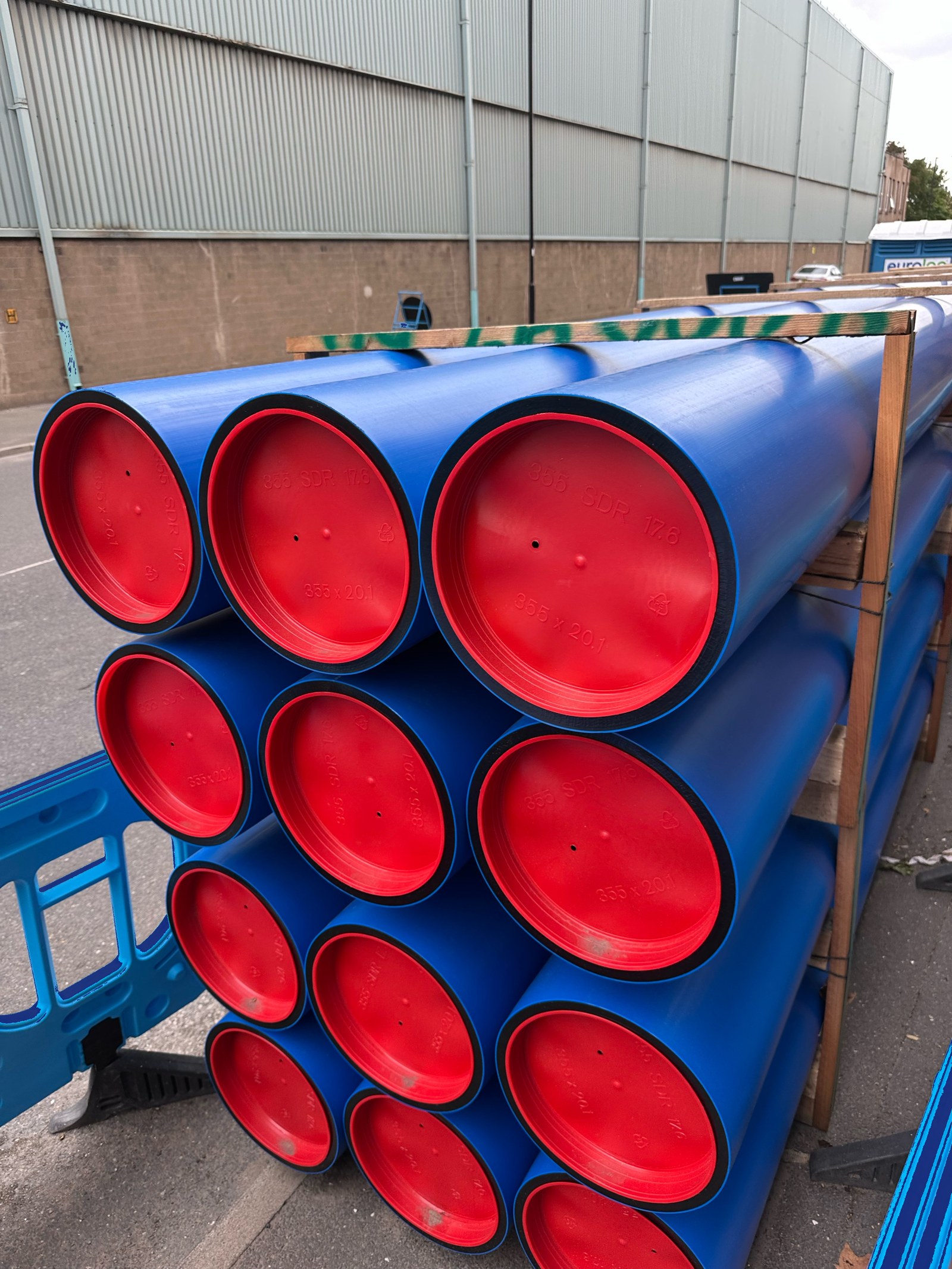 Blue main pipe stock with red end caps